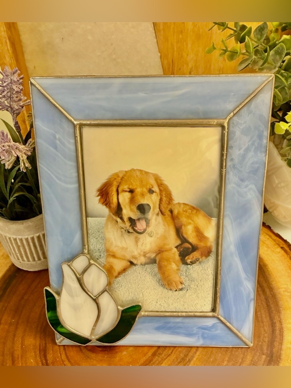 Blue Slag Glass Picture Frame with Flower Accent
